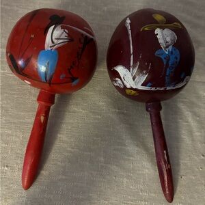 Vintage Mexican Hand-Painted Red And Burgundy Maracas